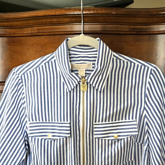 Michael Kors stripe, zip front top/shirt.  Blue and white. Size small. - Picture 10 of 16